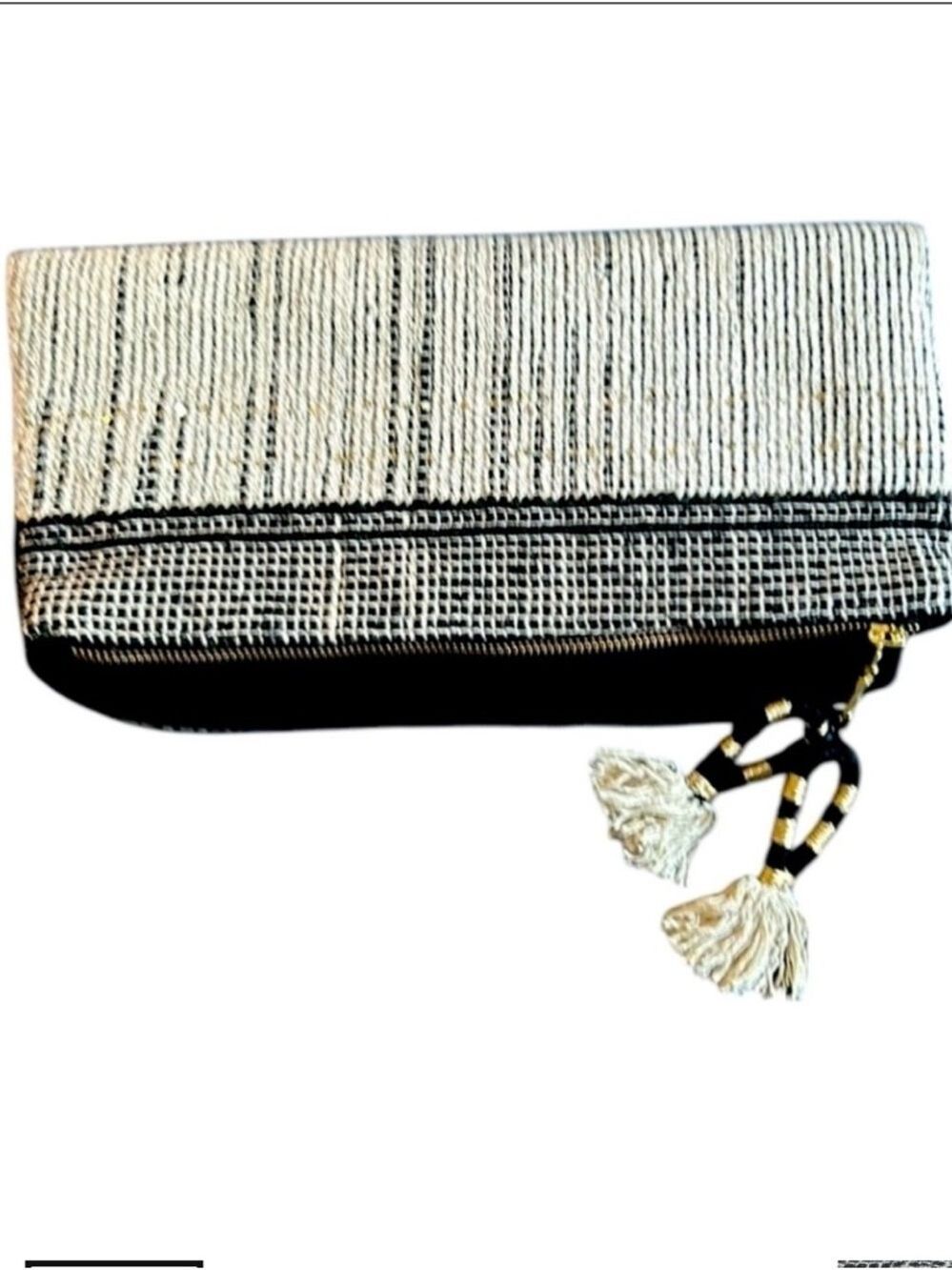 Fabric Fold over Black & Ivory Woven Clutch With Gold Sequins Zipper and Tassels